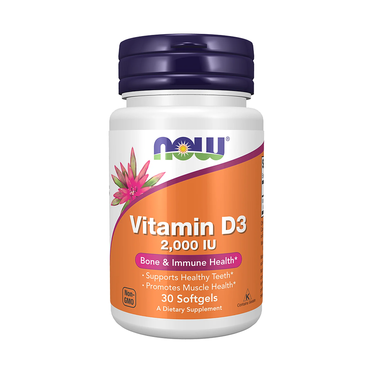 Flacon de complément NOW Foods Vitamin D3 2000 IU en gélules, photo du produit seul