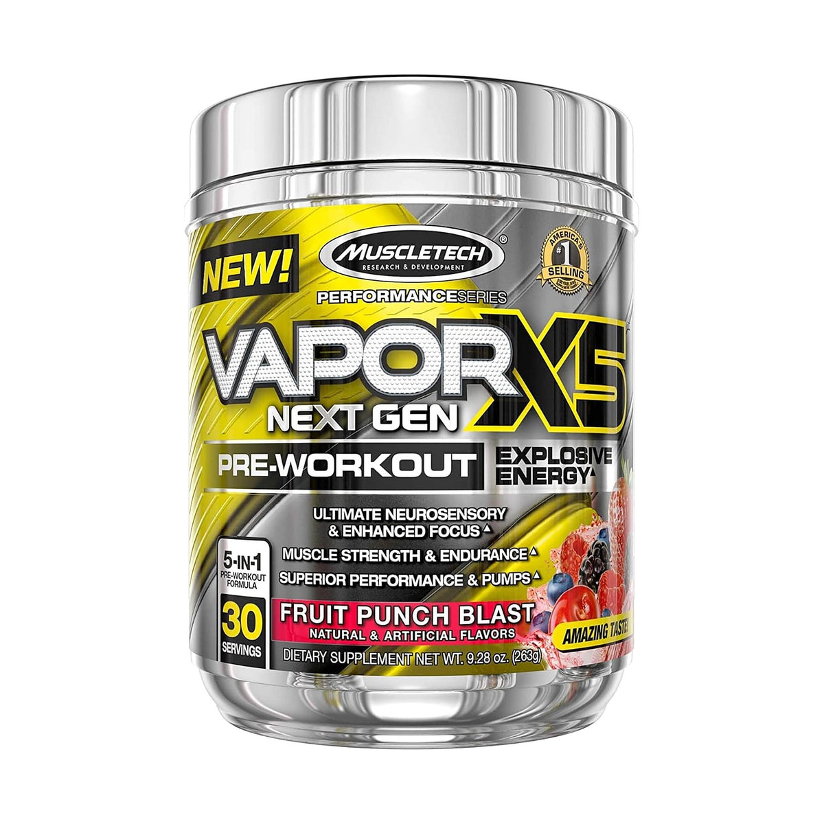 MuscleTech Vapor X5 pré-entraînement à la créatine et à la bêta-alanine, 30 doses – Punch aux fruits, photo du produit seul sur fond blanc