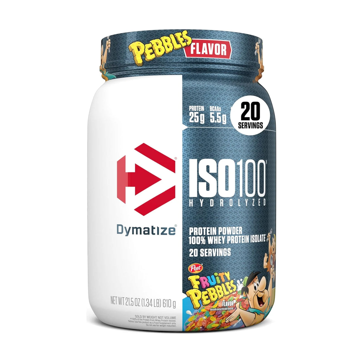 Dymatize ISO100 isolat de whey hydrolysé – 1,3 lb (610 g), Fruity Pebbles, photo du produit seul sur fond blanc
