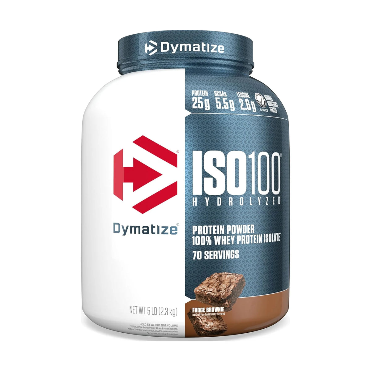 Dymatize ISO100 isolat de whey hydrolysé – 5 lb (2,27 kg), Fudge brownie, photo du produit seul sur fond blanc