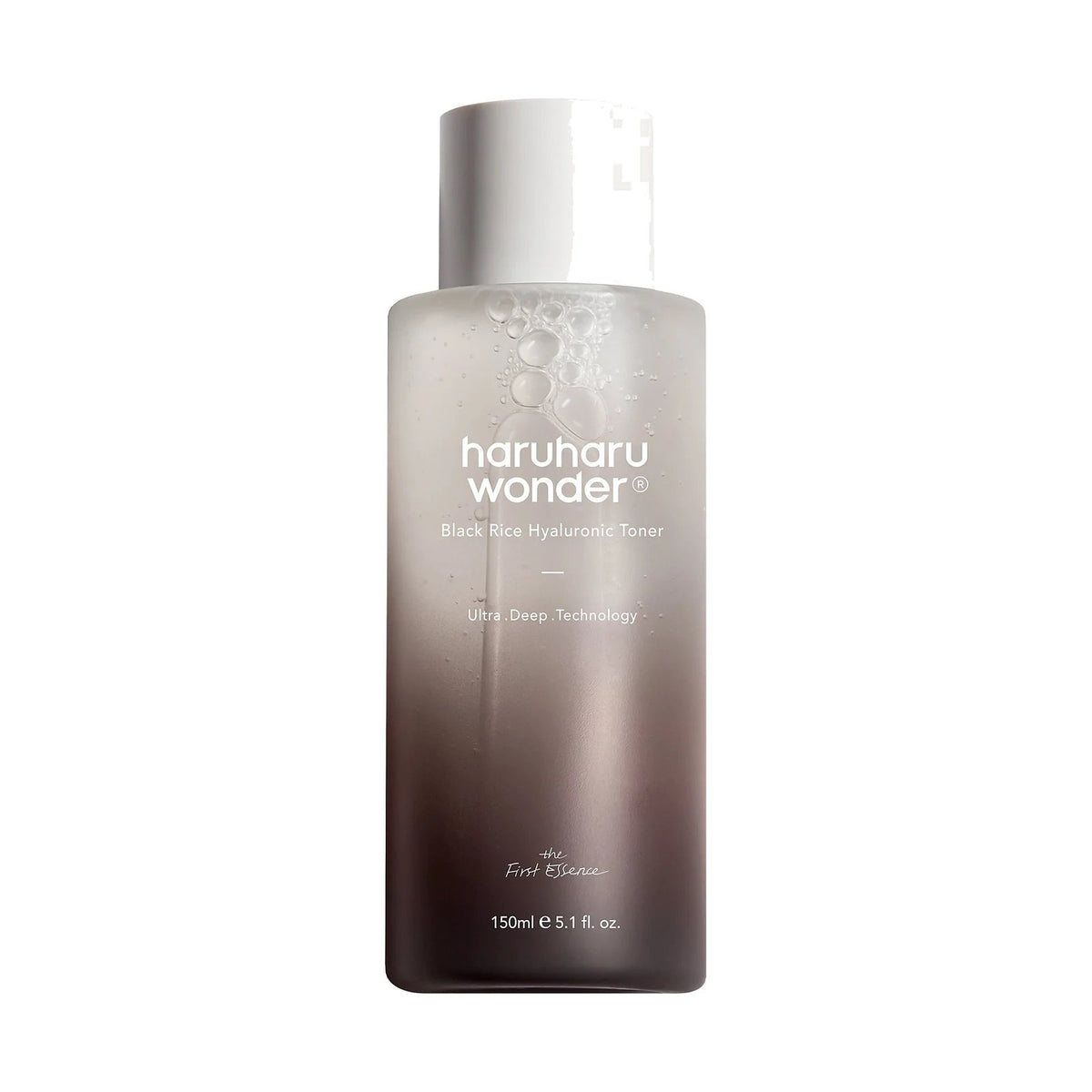 Haruharu Wonder Black Rice Hyaluronic Toner 150 ml, flacon de toner au riz noir, vu de face sur fond neutre