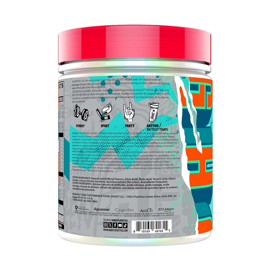 Ghost Intra EAA, BCAA et hydratation en poudre, 20 doses, étiquette au dos, photo du produit seul sur fond blanc