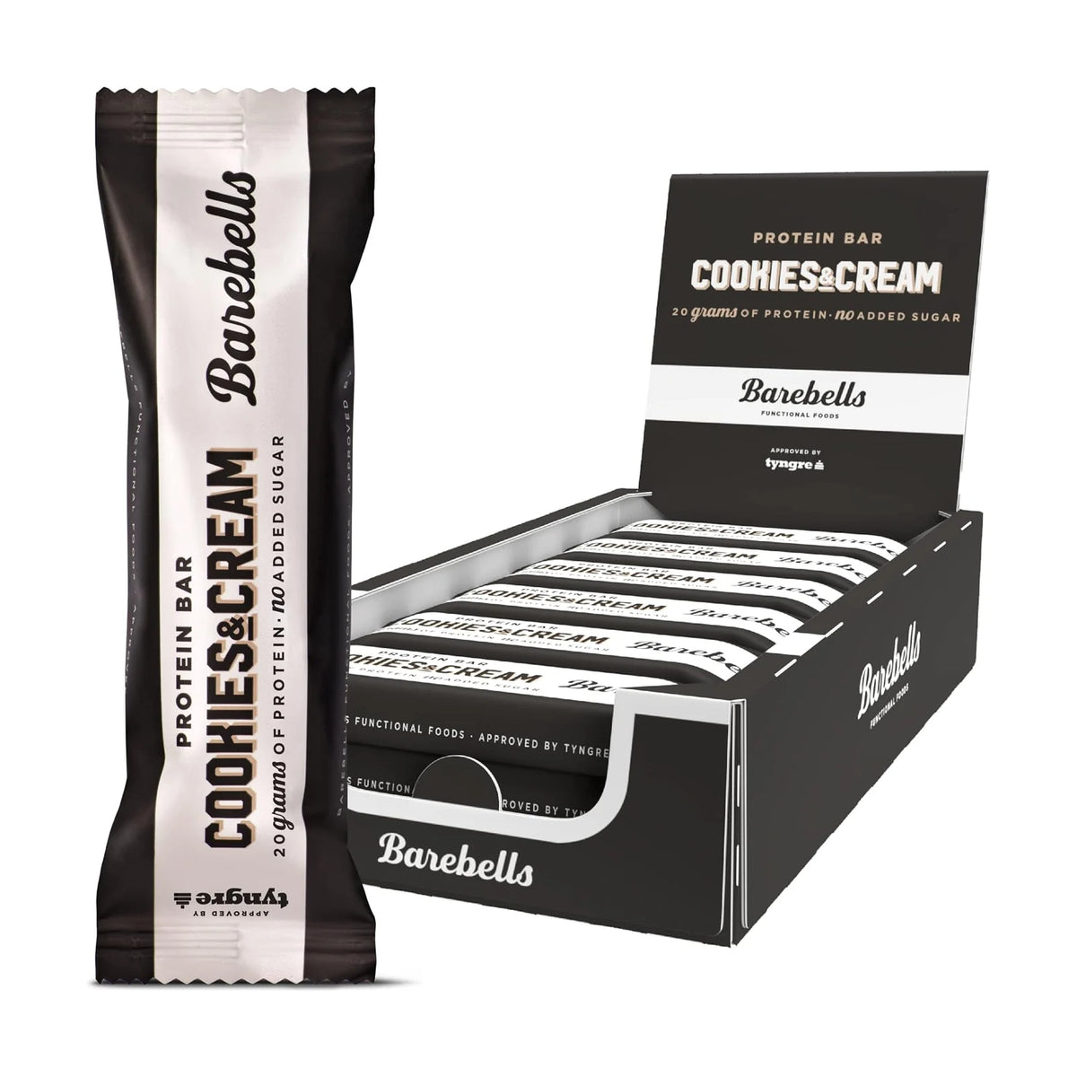 Barebells Protein Bar, boîte de 12 – Cookies & cream, photo du produit seul sur fond blanc