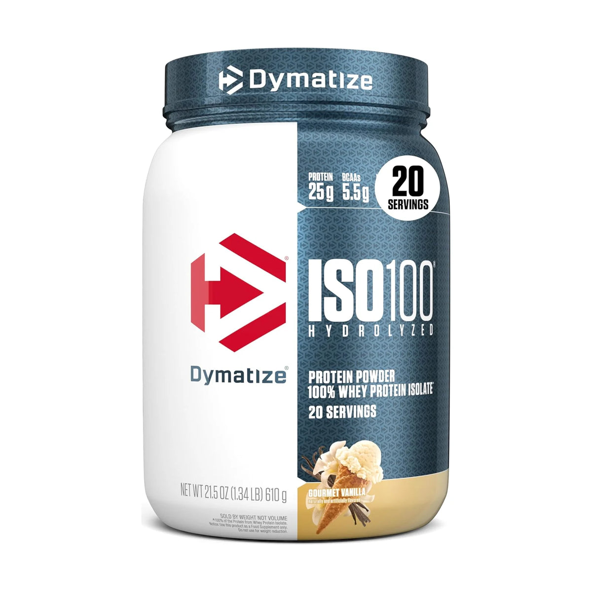 Dymatize ISO100 isolat de whey hydrolysé – 20 doses, Vanille gourmet, photo du produit seul sur fond blanc