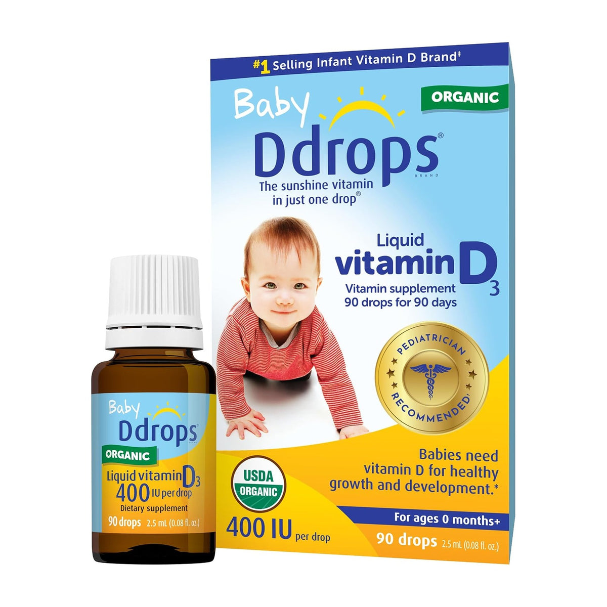 Ddrops Baby vitamine D3 bio en gouttes 400 UI, dès la naissance, 90 gouttes