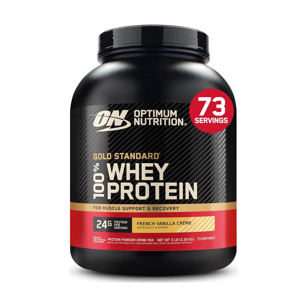 Optimum Nutrition Gold Standard 100% Whey – 5 lb (2,27 kg), Vanille crème, photo du produit seul sur fond blanc
