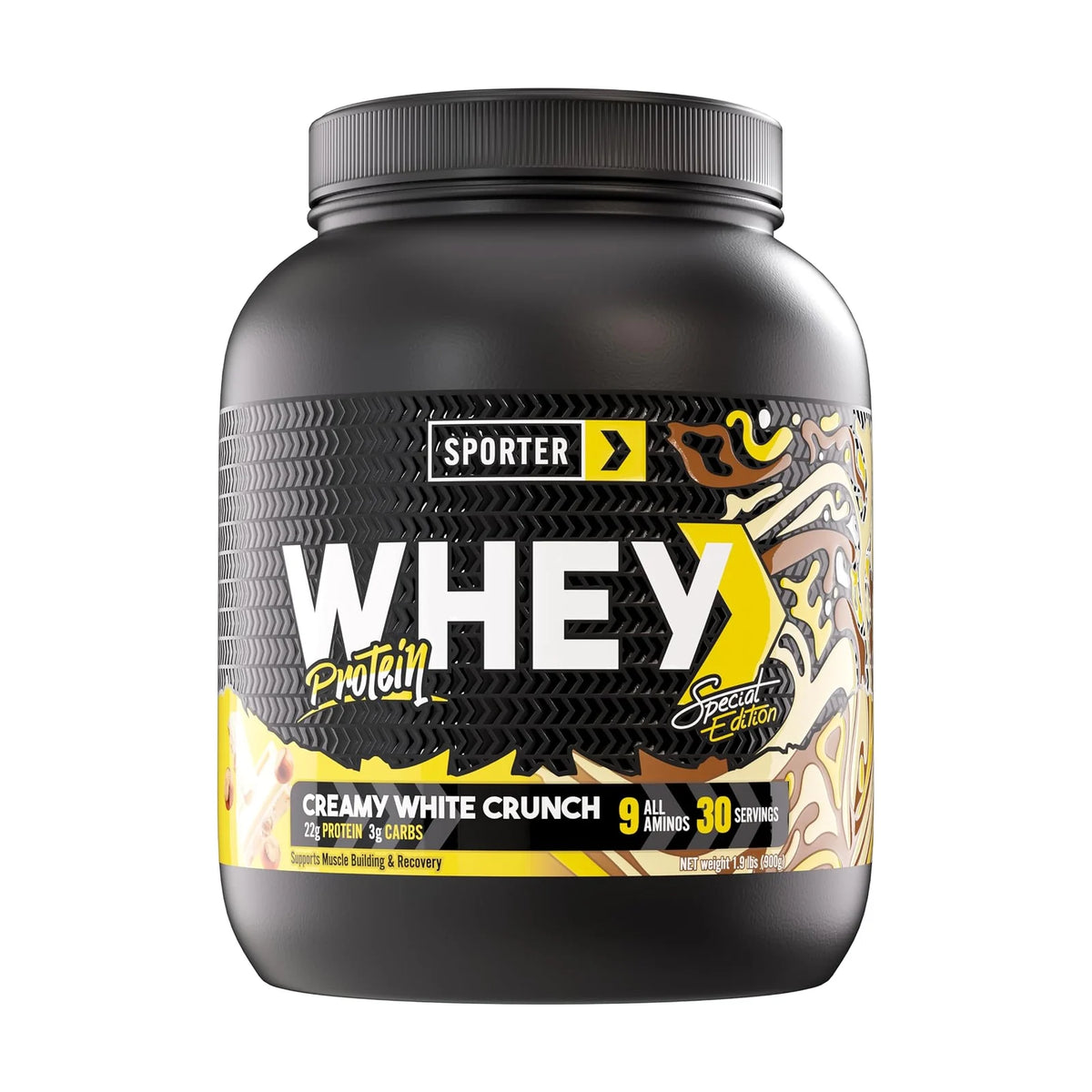 Sporter Whey Protein 1,9 lb – Creamy white crunch, photo du produit seul sur fond blanc