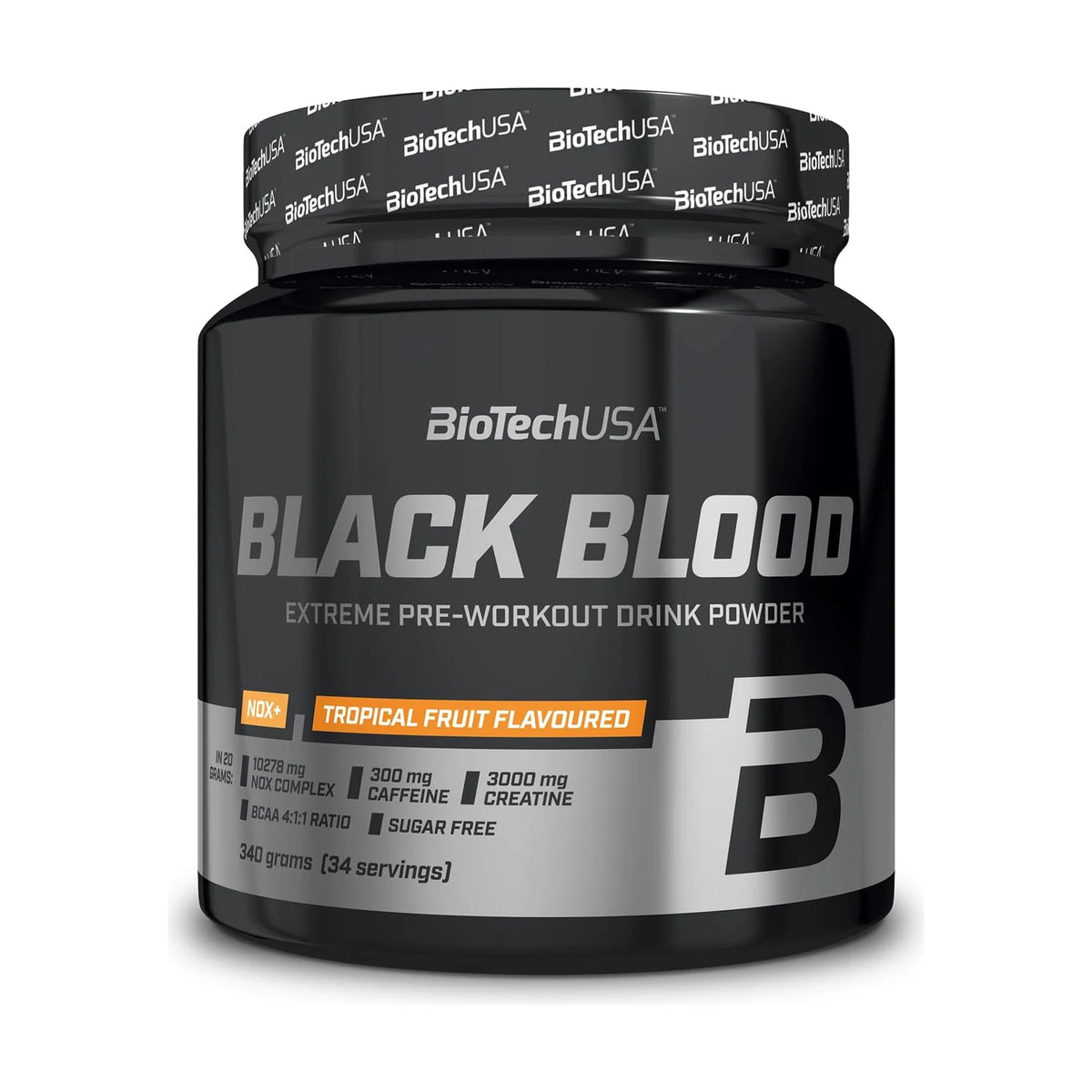 BioTechUSA Black Blood NOX+ pré-workout – Fruits tropicaux (330 g), photo du produit seul sur fond blanc