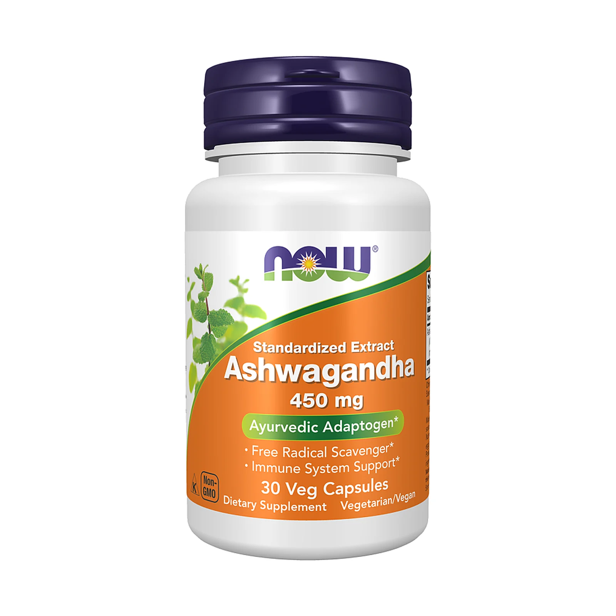 Flacon de complément NOW Foods Ashwagandha 450 mg en gélules végétales, photo du produit