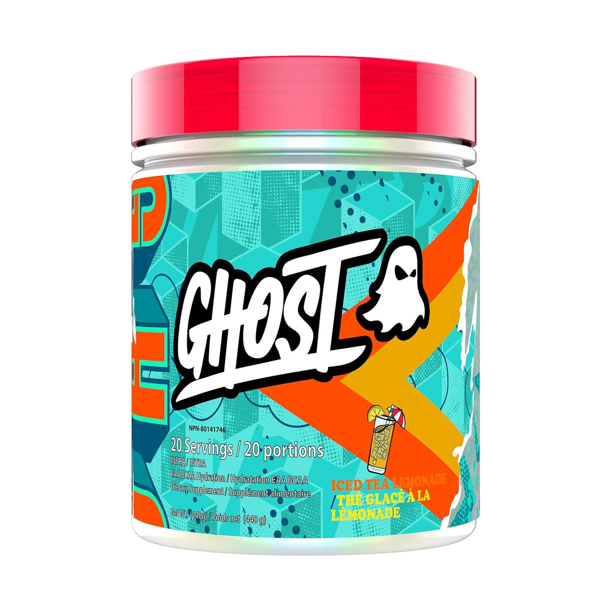 Ghost Intra EAA, BCAA et hydratation en poudre, 20 doses – Thé glacé citron, photo du produit seul sur fond blanc