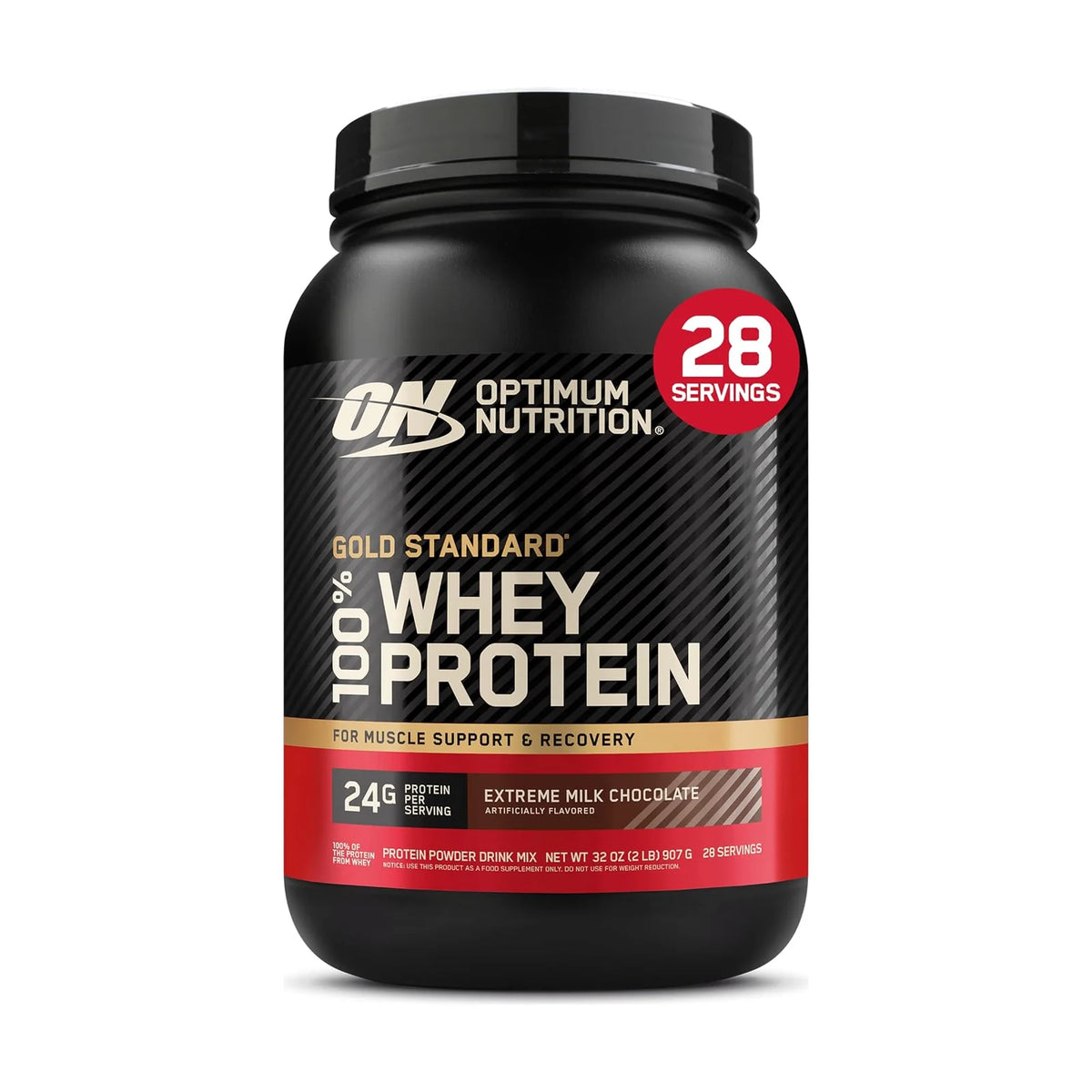 Optimum Nutrition Gold Standard 100% Whey – 2 lb (907 g), Chocolat au lait, photo du produit seul sur fond blanc