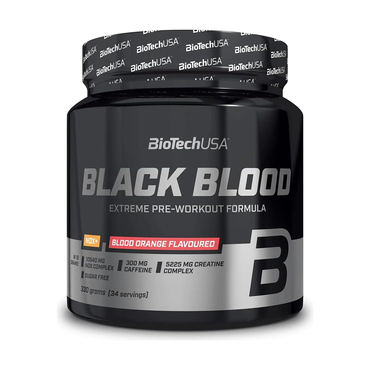 BioTechUSA Black Blood NOX+ pré-workout – Orange sanguine (330 g), photo du produit seul sur fond blanc
