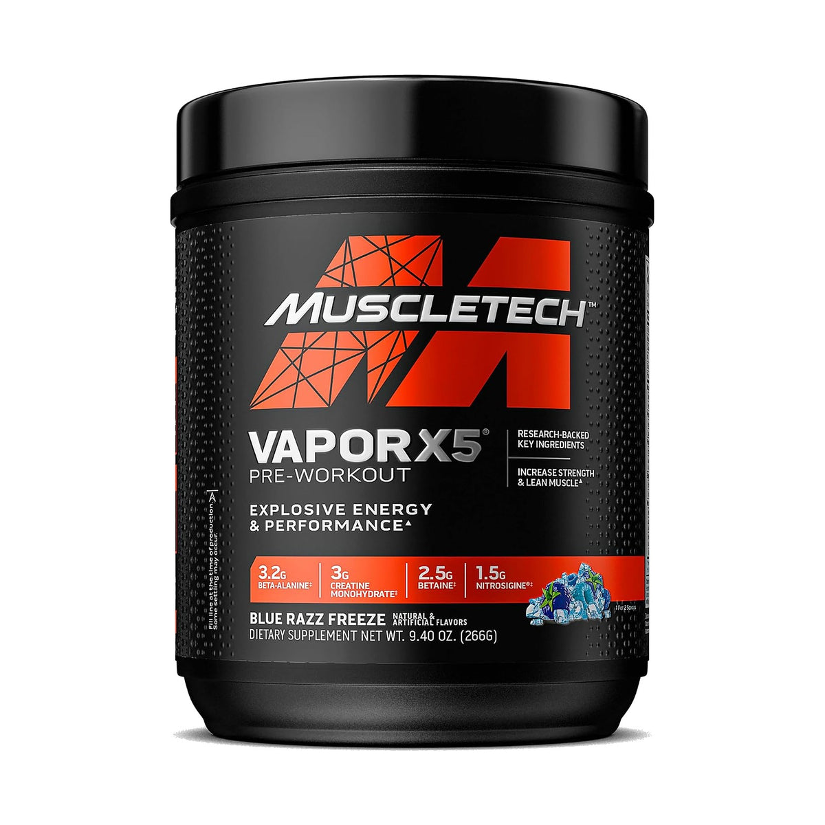 MuscleTech Vapor X5 pré-entraînement à la créatine et à la bêta-alanine, 30 doses – Framboise bleue glacée, photo du produit seul sur fond blanc
