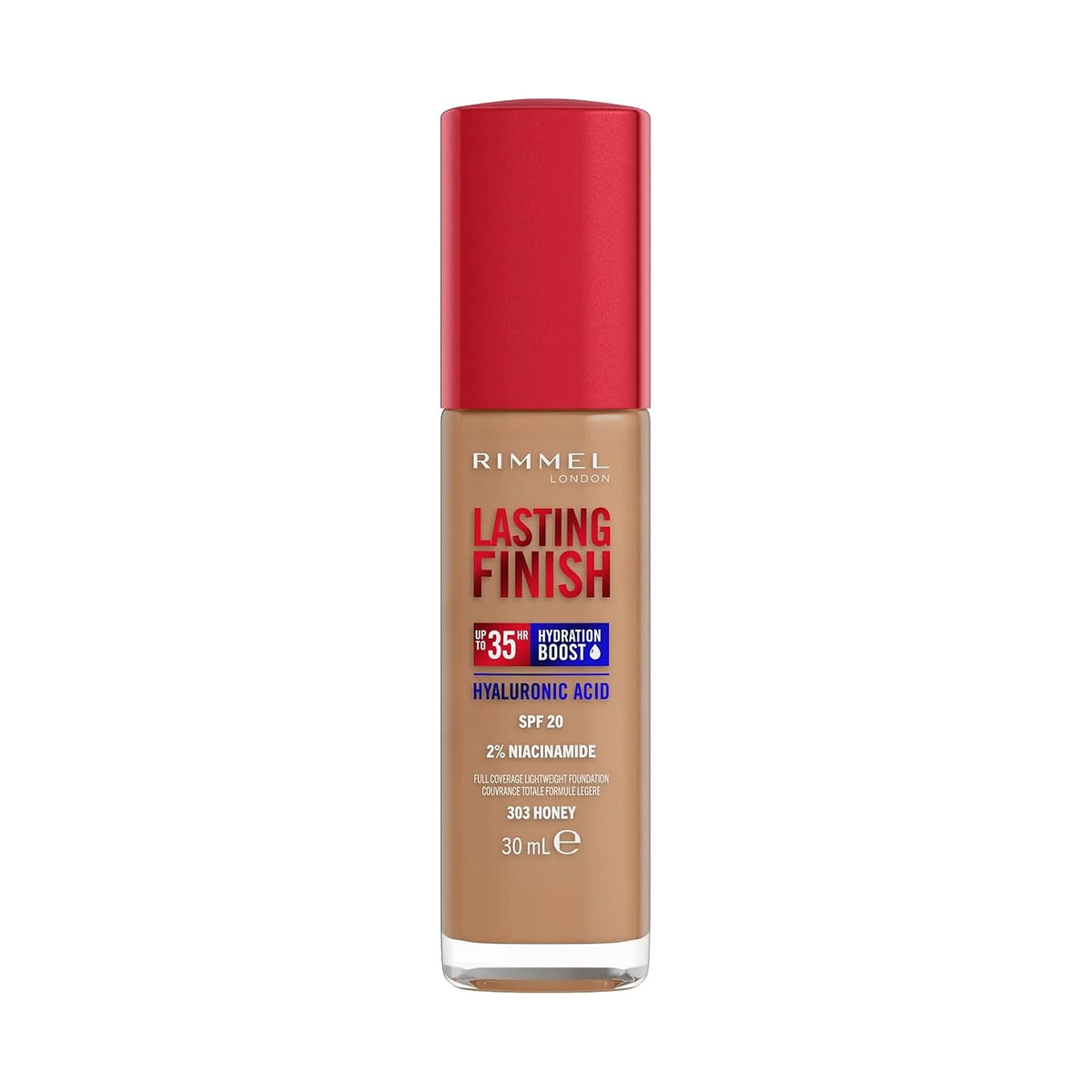 Fond de teint Rimmel Lasting Finish 35H 30 ml, teinte Honey, sur fond blanc