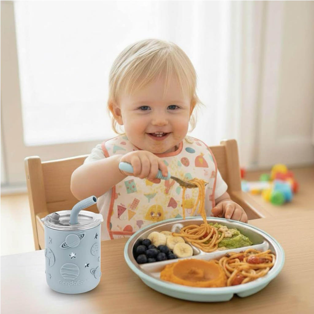 PandaEar set repas en inox : 2 assiettes, 2 gobelets à paille, couverts