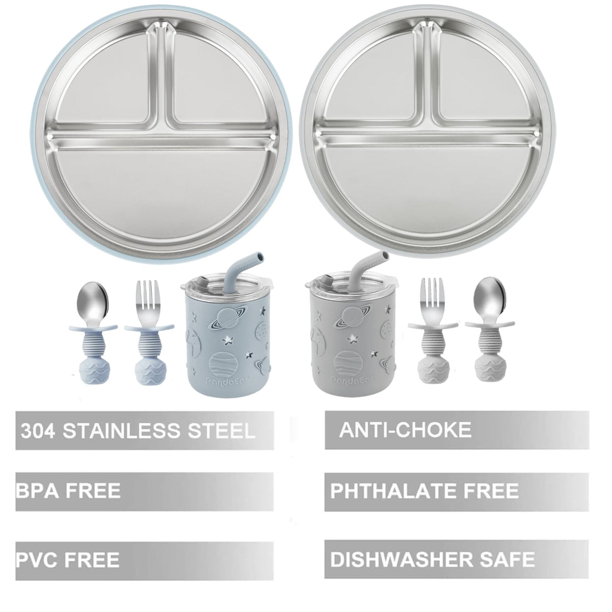PandaEar set repas en inox : 2 assiettes, 2 gobelets à paille, couverts