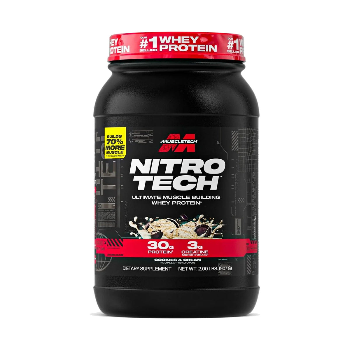 MuscleTech Nitro-Tech Whey Protein – 2 lb (907 g), Cookies & cream, photo du produit seul sur fond blanc