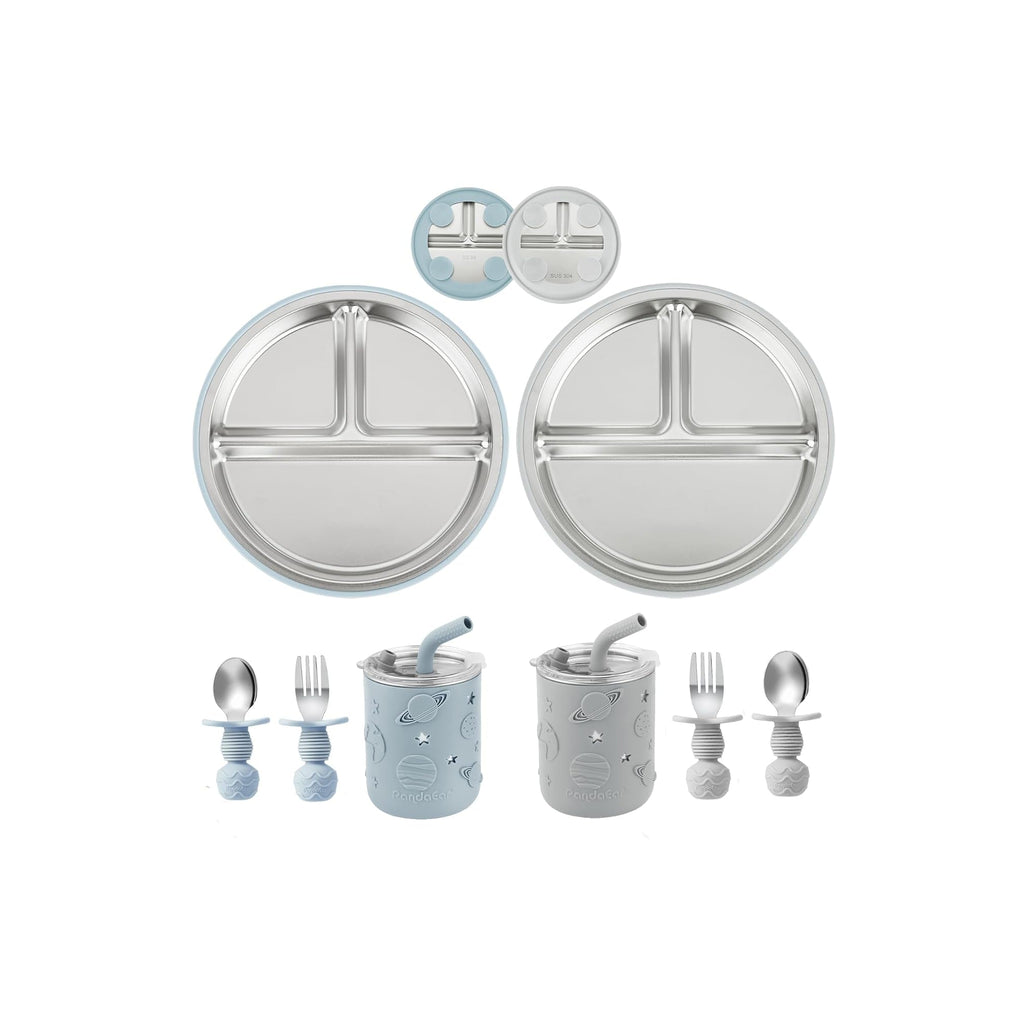 PandaEar set repas en inox : 2 assiettes, 2 gobelets à paille, couverts