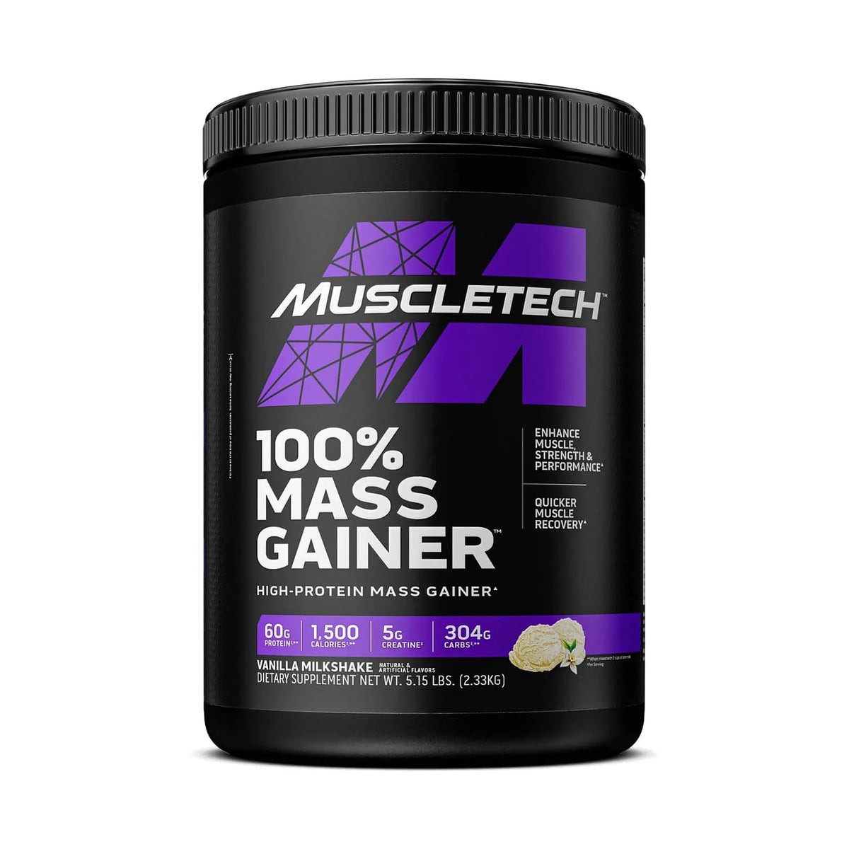MuscleTech 100% Mass Gainer 5,15 lb – Milkshake vanille, photo du produit seul sur fond blanc