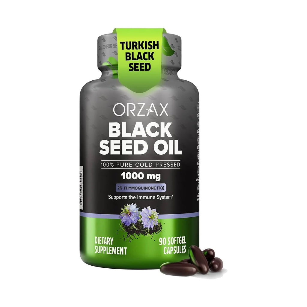 ORZAX Huile de nigelle (habba sawda), 90 capsules molles, photo du produit seul sur fond blanc