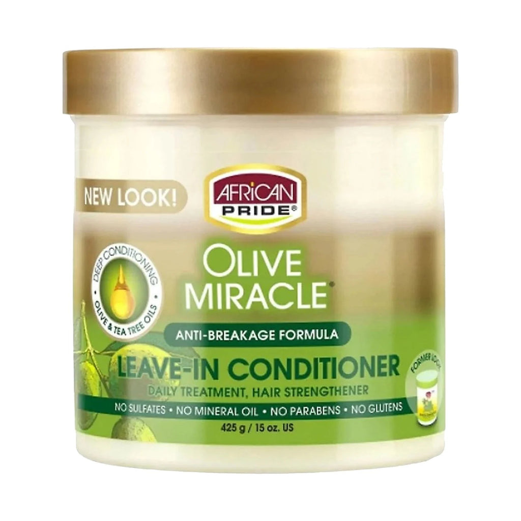 African Pride Olive Miracle Leave-In Conditioner Cream, pot de crème sans rinçage à l'huile d'olive, vu de face
