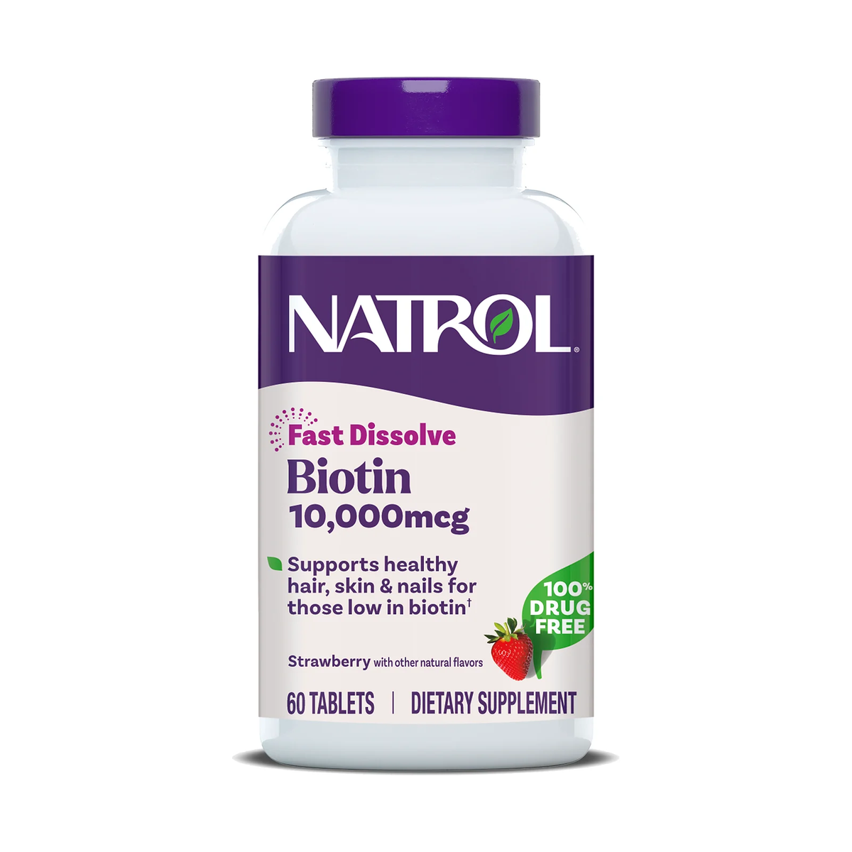 Pot de complément Natrol Biotin 10000 mcg en comprimés goût fraise, photo du produit seul