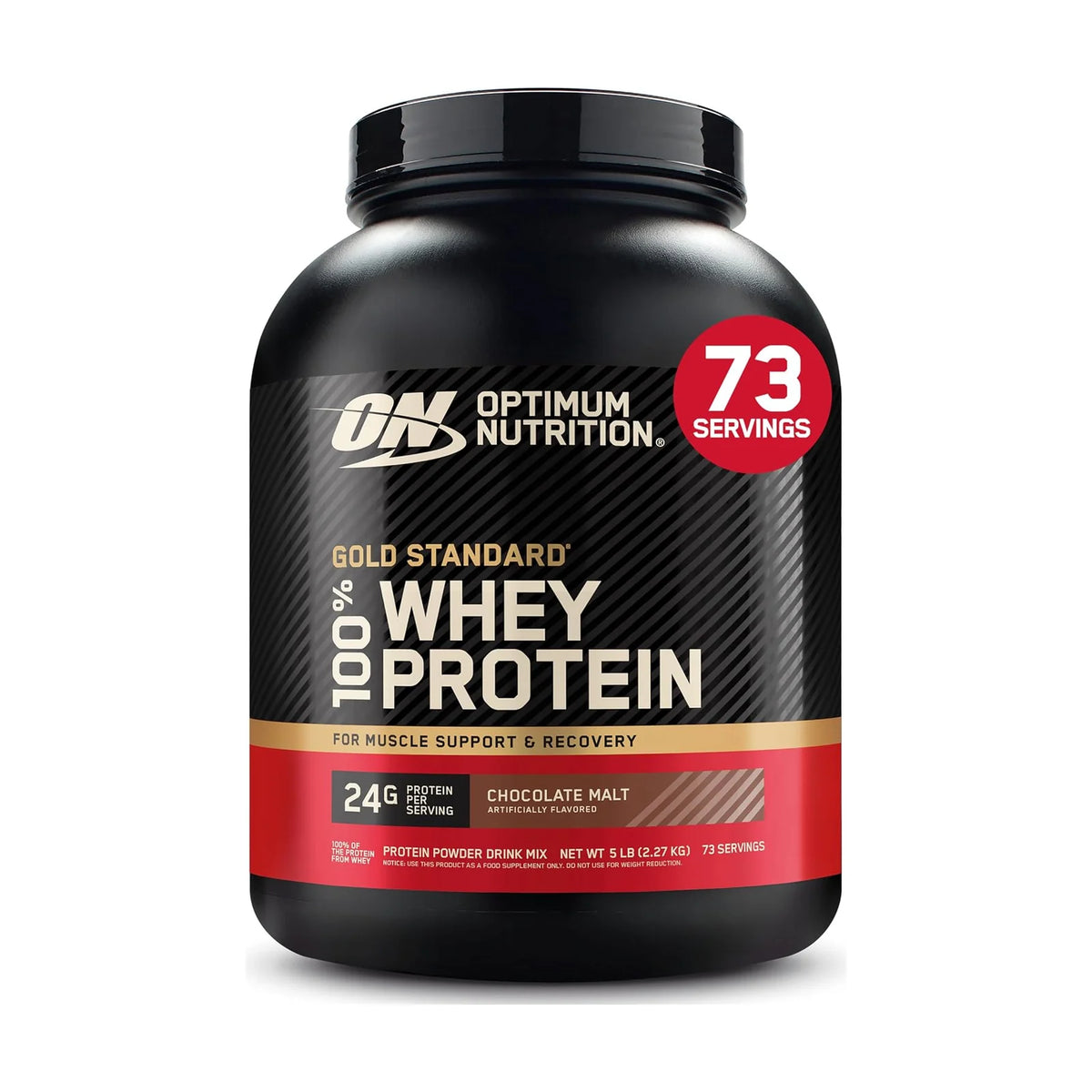 Optimum Nutrition Gold Standard 100% Whey – 5 lb (2,27 kg), Chocolat malté, photo du produit seul sur fond blanc