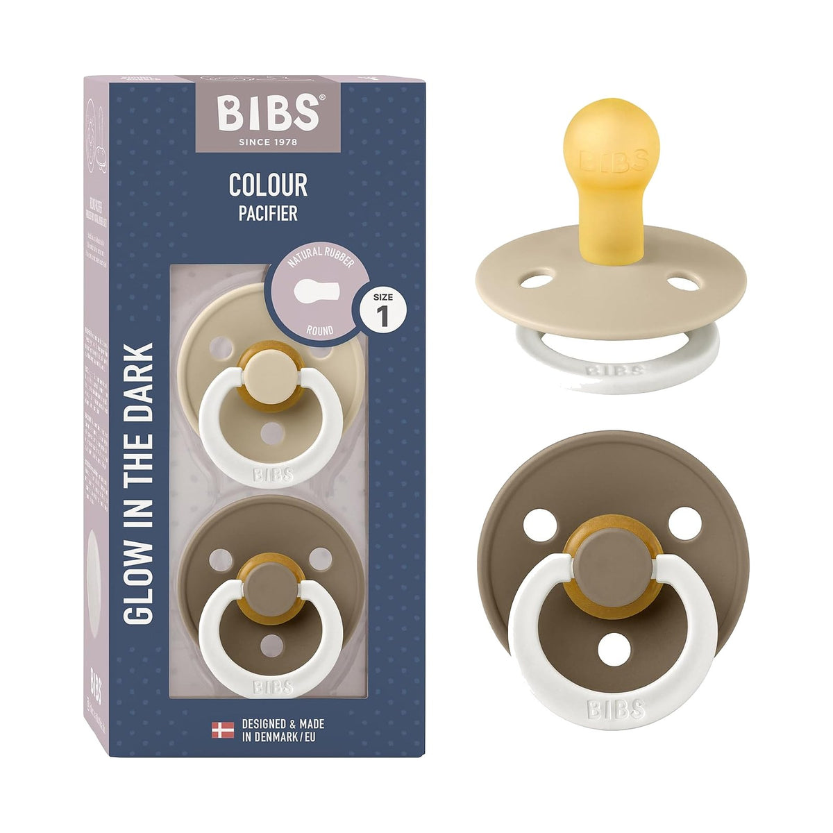 BIBS Colour tétines rondes phosphorescentes, Vanille / Chêne foncé, 0 à 6 mois