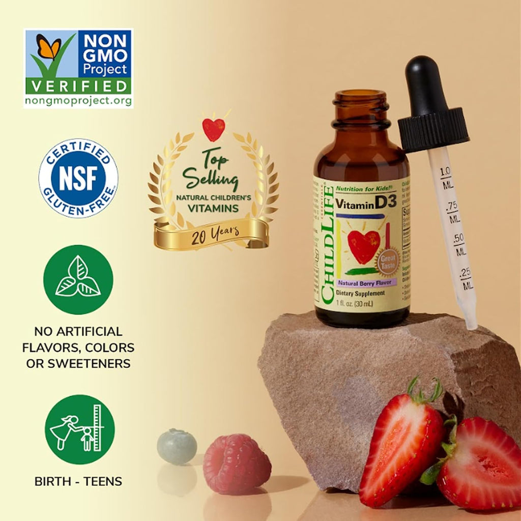 ChildLife Essentials vitamine D3 en gouttes 500 UI, dès 6 mois, goût baies, 30 ml