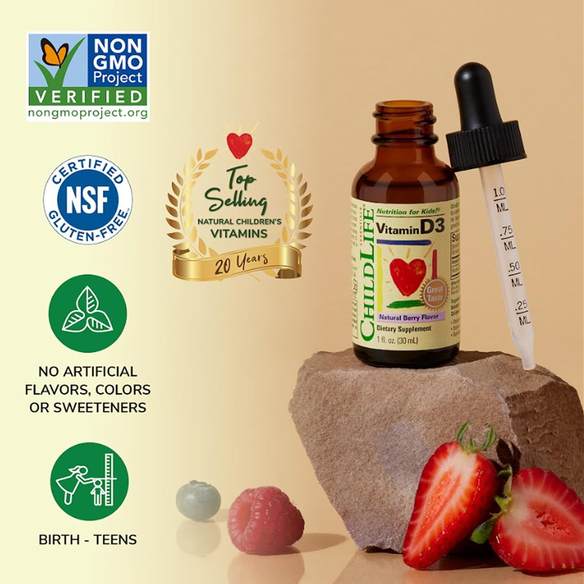 ChildLife Essentials vitamine D3 en gouttes 500 UI, dès 6 mois, goût baies, 30 ml