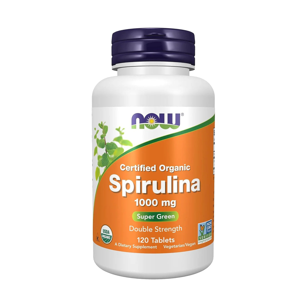 NOW Foods Spiruline bio 1000 mg, 120 comprimés, photo du produit seul sur fond blanc