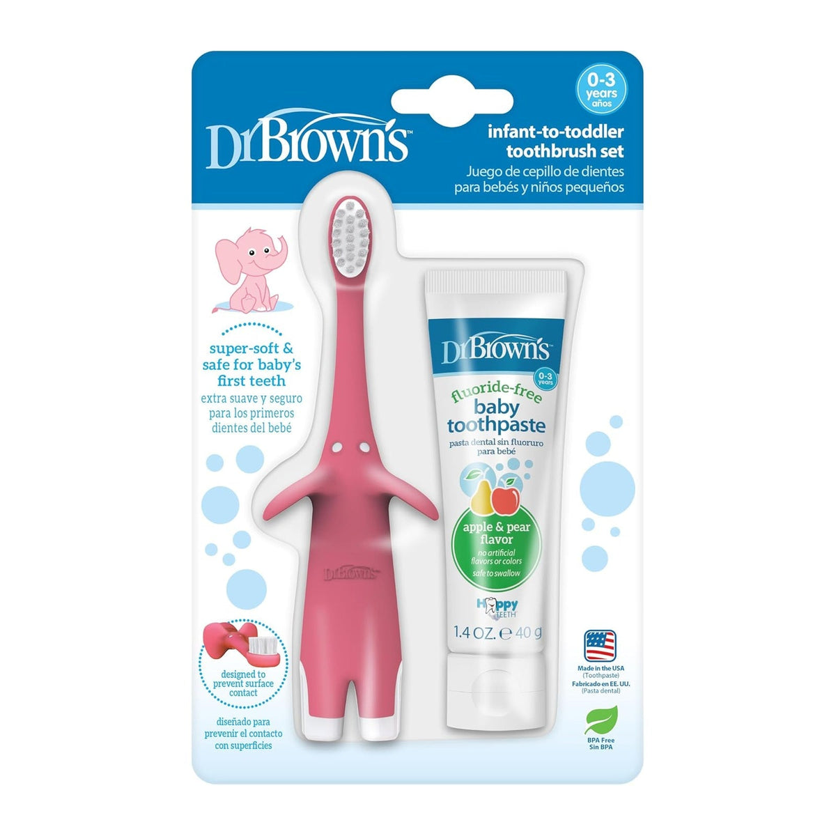 Dr. Brown's kit brosse à dents éléphant rose et dentifrice sans fluor pomme-poire