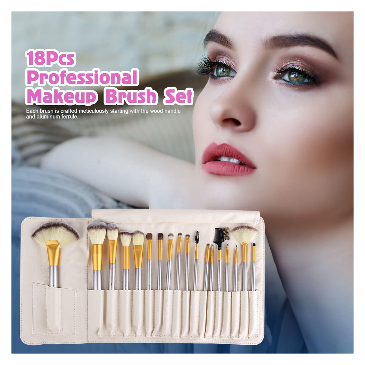Set de 18 pinceaux de maquillage avec trousse