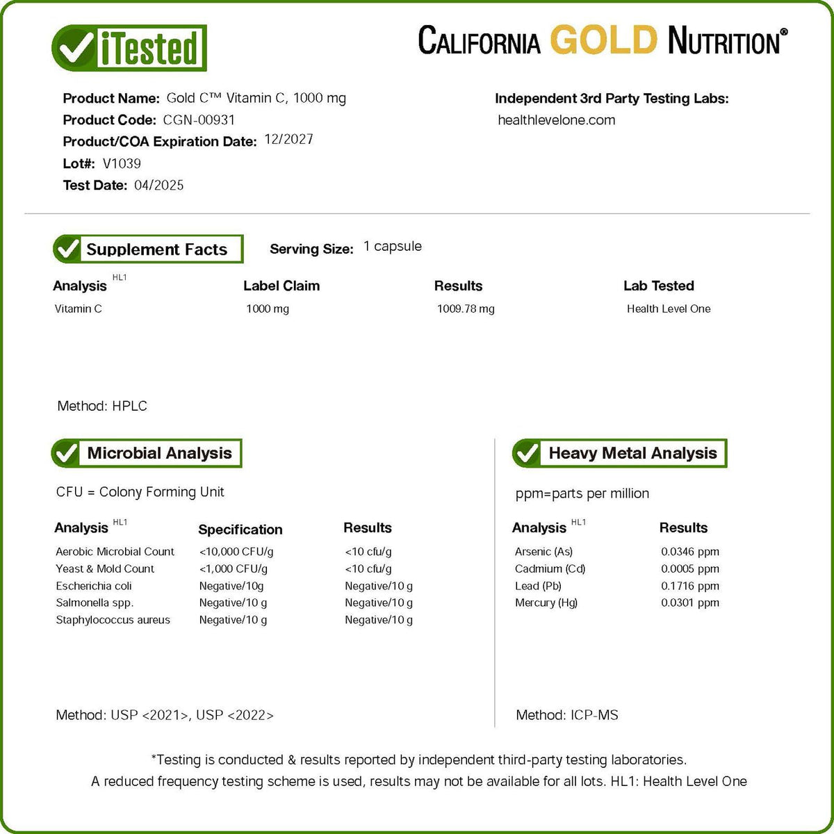 California Gold Nutrition vitamine C 1000 mg, 60 gélules