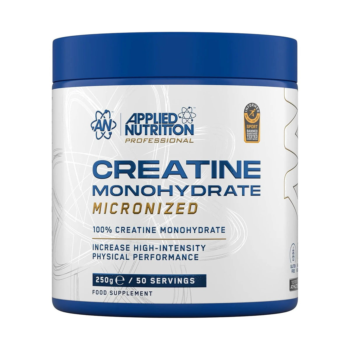 Applied Nutrition Creatine Monohydrate 250 g – Sans arôme, photo du produit seul sur fond blanc