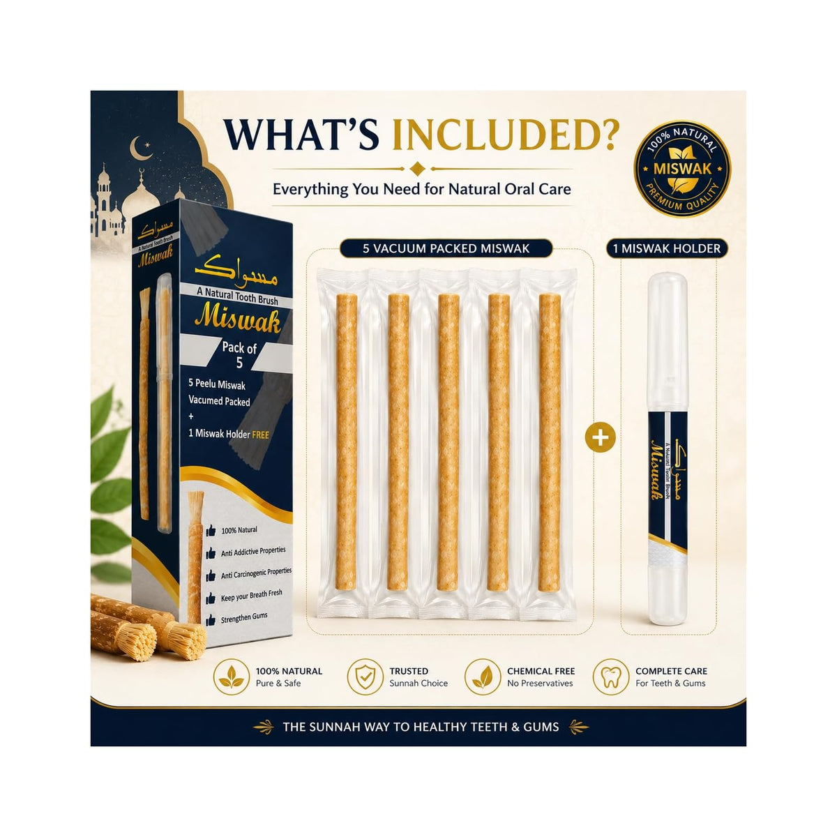 Siwak miswak naturel, 5 bâtonnets avec étui