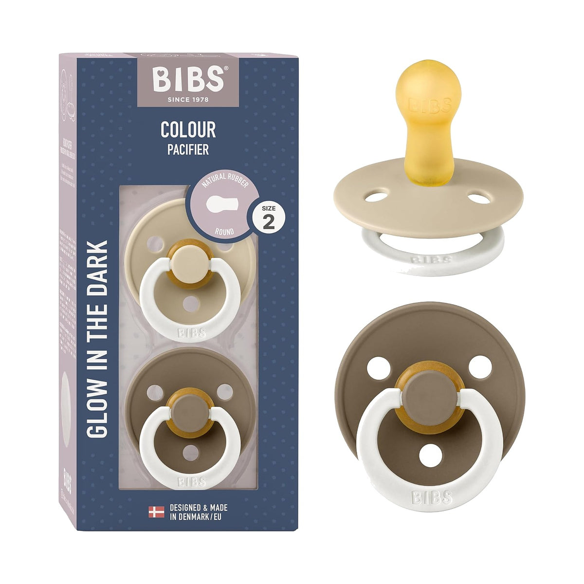 BIBS Colour tétines rondes phosphorescentes, Vanille / Chêne foncé, 6 à 18 mois