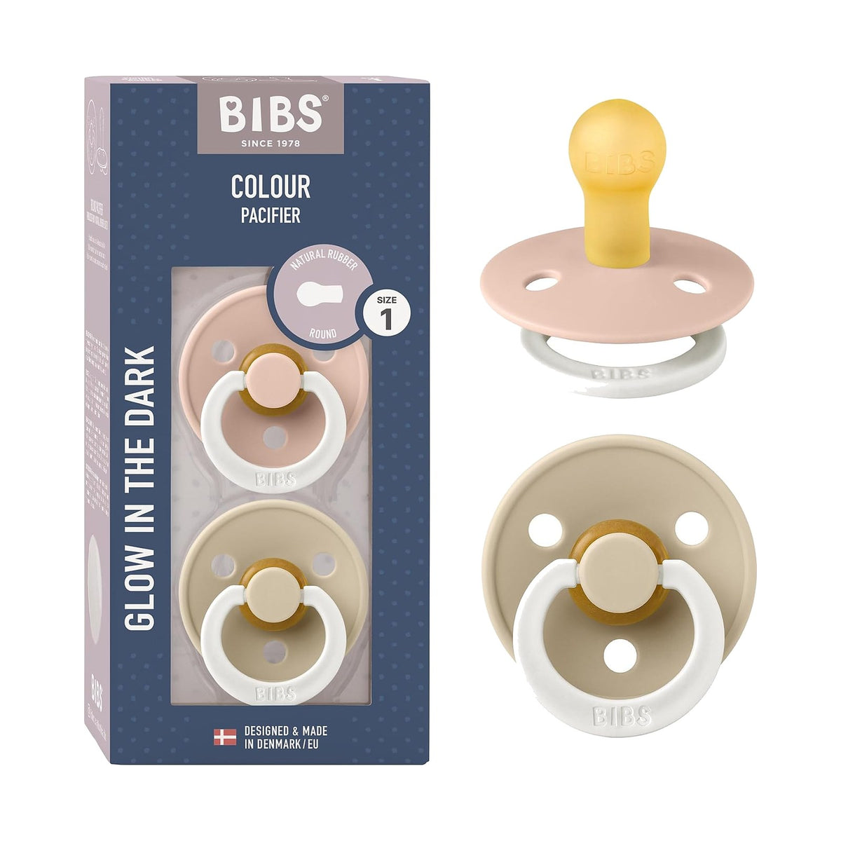BIBS Colour tétines rondes phosphorescentes, Rose poudré / Vanille, 0 à 6 mois