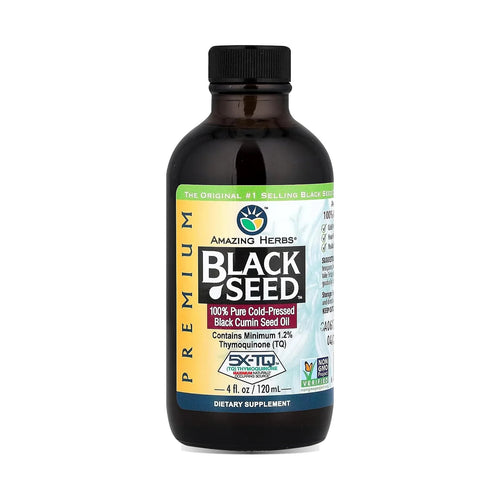 Amazing Herbs Huile de nigelle (habba sawda), flacon de 120 ml, photo du produit seul sur fond blanc