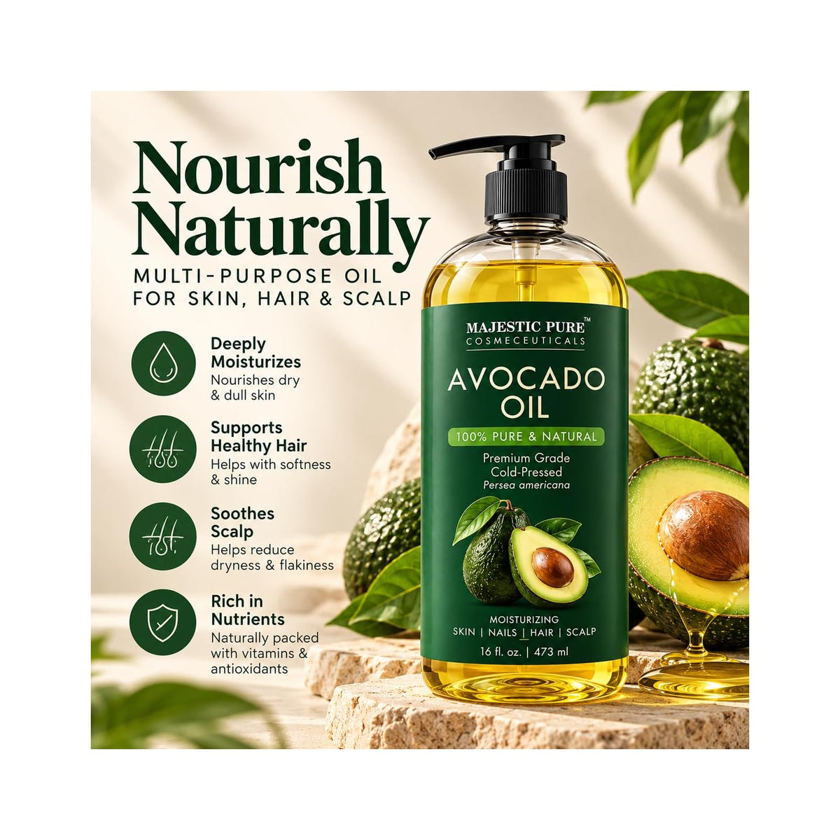Majestic Pure huile d'avocat pressée à froid 473 ml