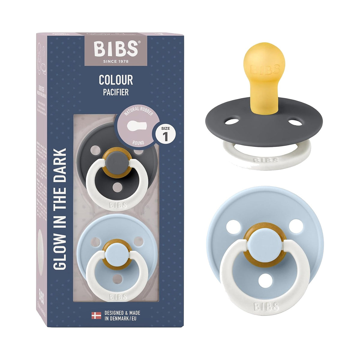 BIBS Colour tétines rondes phosphorescentes, Fer / Bleu bébé, 0 à 6 mois