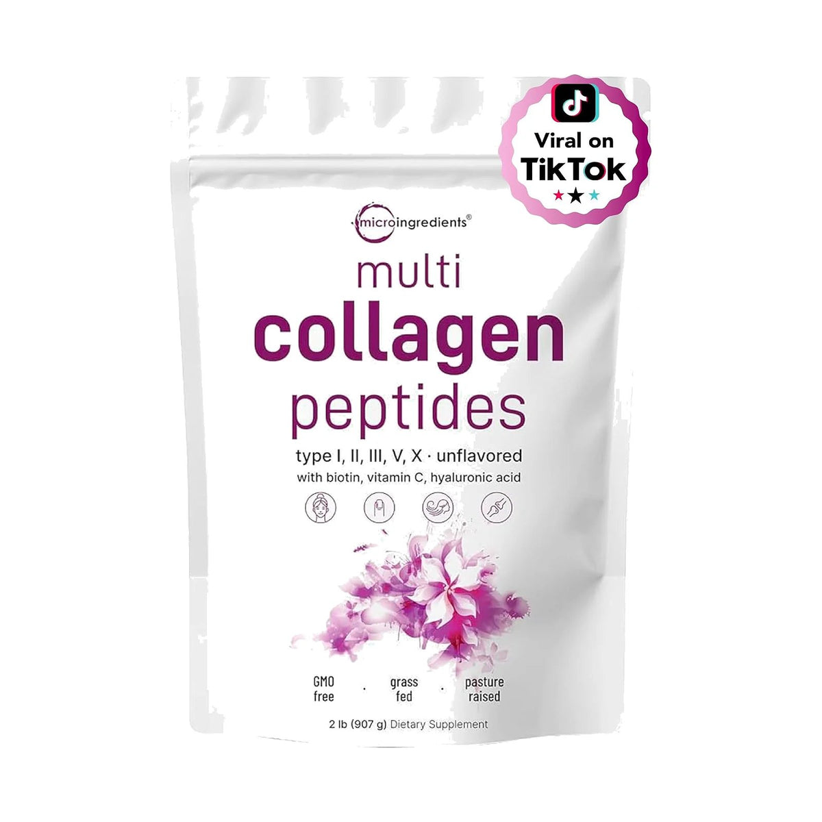 Micro Ingredients Multi Collagen Peptides non aromatisé, sachet de 907 g, photo du produit seul sur fond blanc