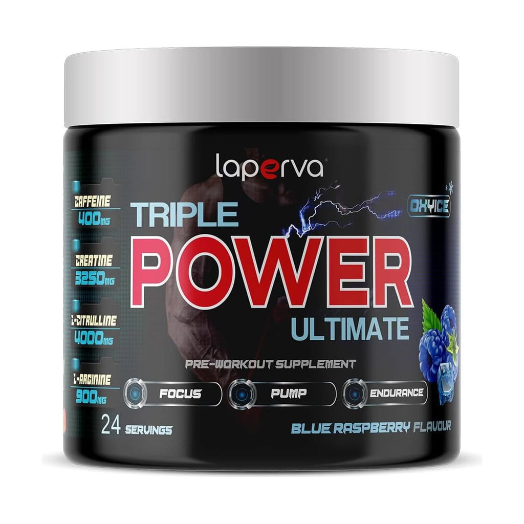 Laperva Triple Power pré-workout – Framboise bleue (24 doses), photo du produit seul sur fond blanc
