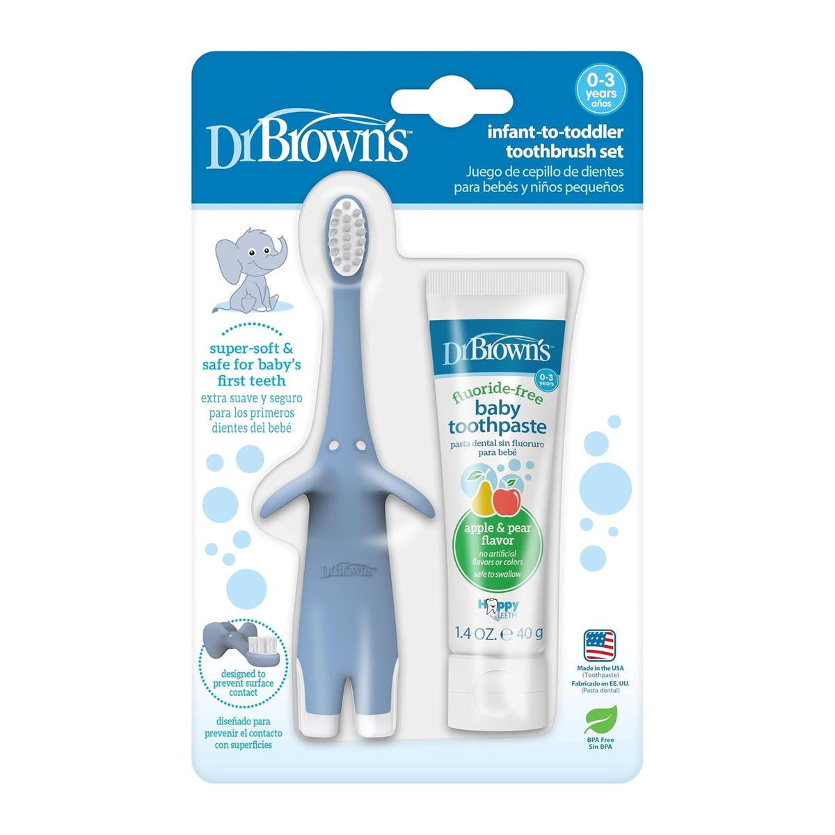 Dr. Brown's kit brosse à dents éléphant bleu et dentifrice sans fluor pomme-poire
