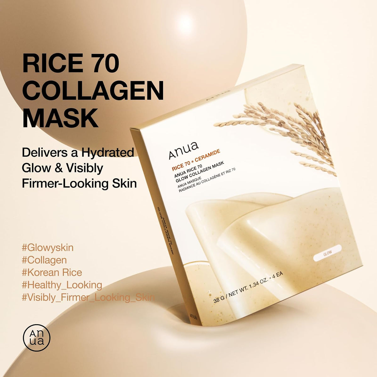 Anua Rice 70 Glow masque au collagène, 4 masques