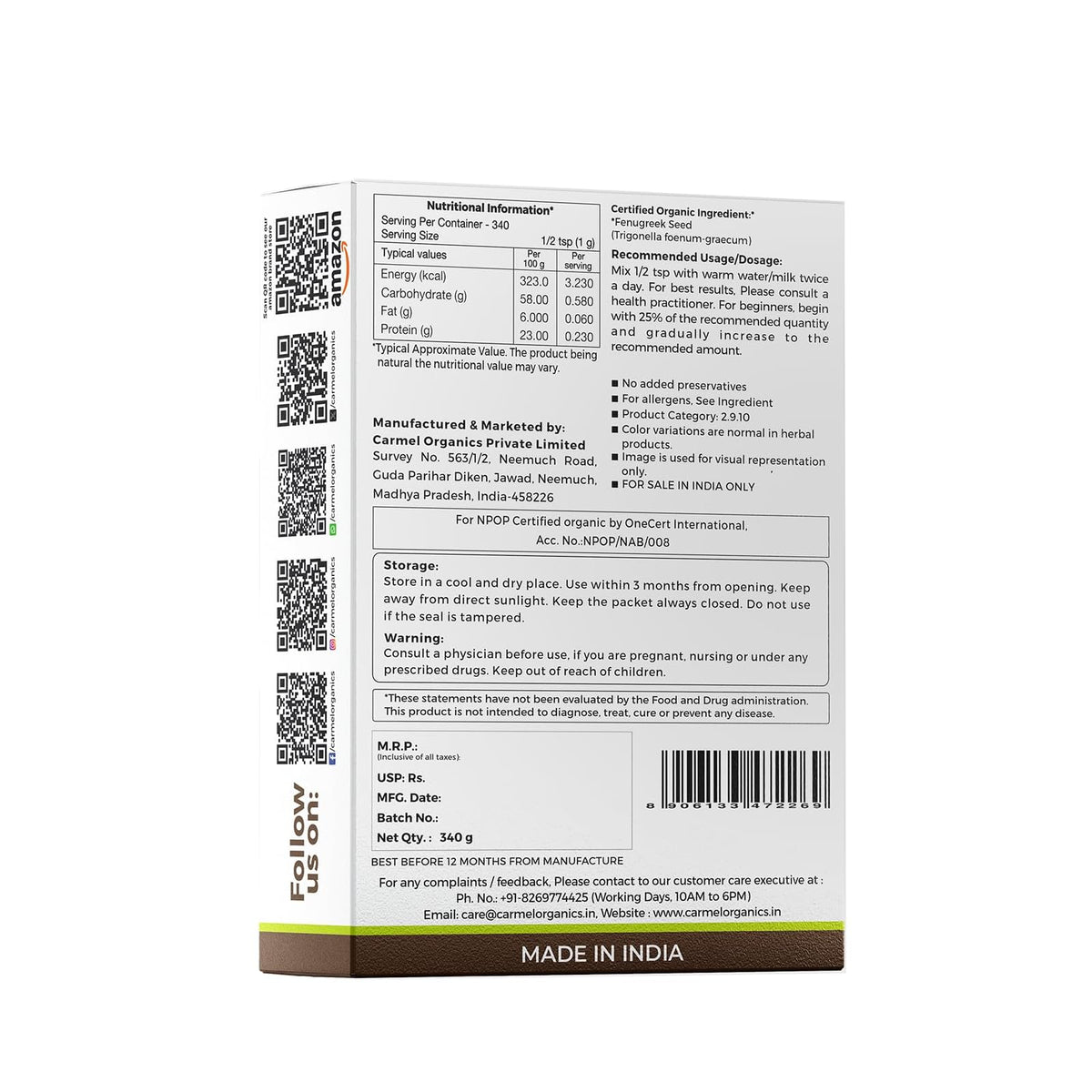Carmel Organics poudre de fenugrec bio 340 g