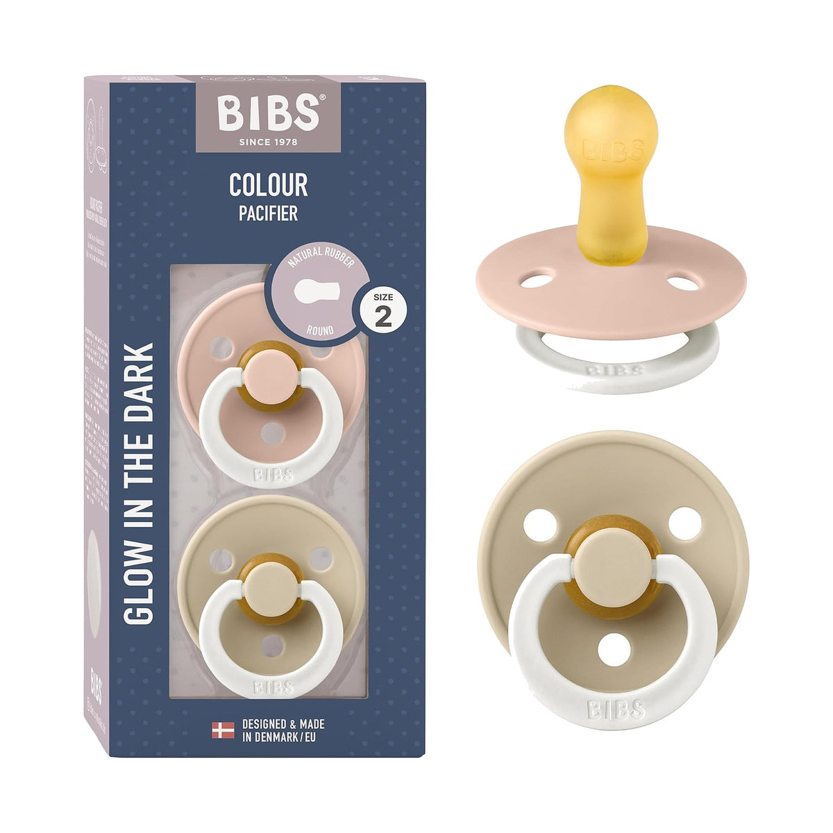 BIBS Colour tétines rondes phosphorescentes, Rose poudré / Vanille, 6 à 18 mois