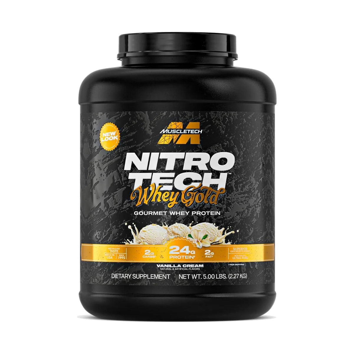 MuscleTech Nitro-Tech 100% Whey Gold – 5 lb (2,27 kg), Vanille crème, photo du produit seul sur fond blanc