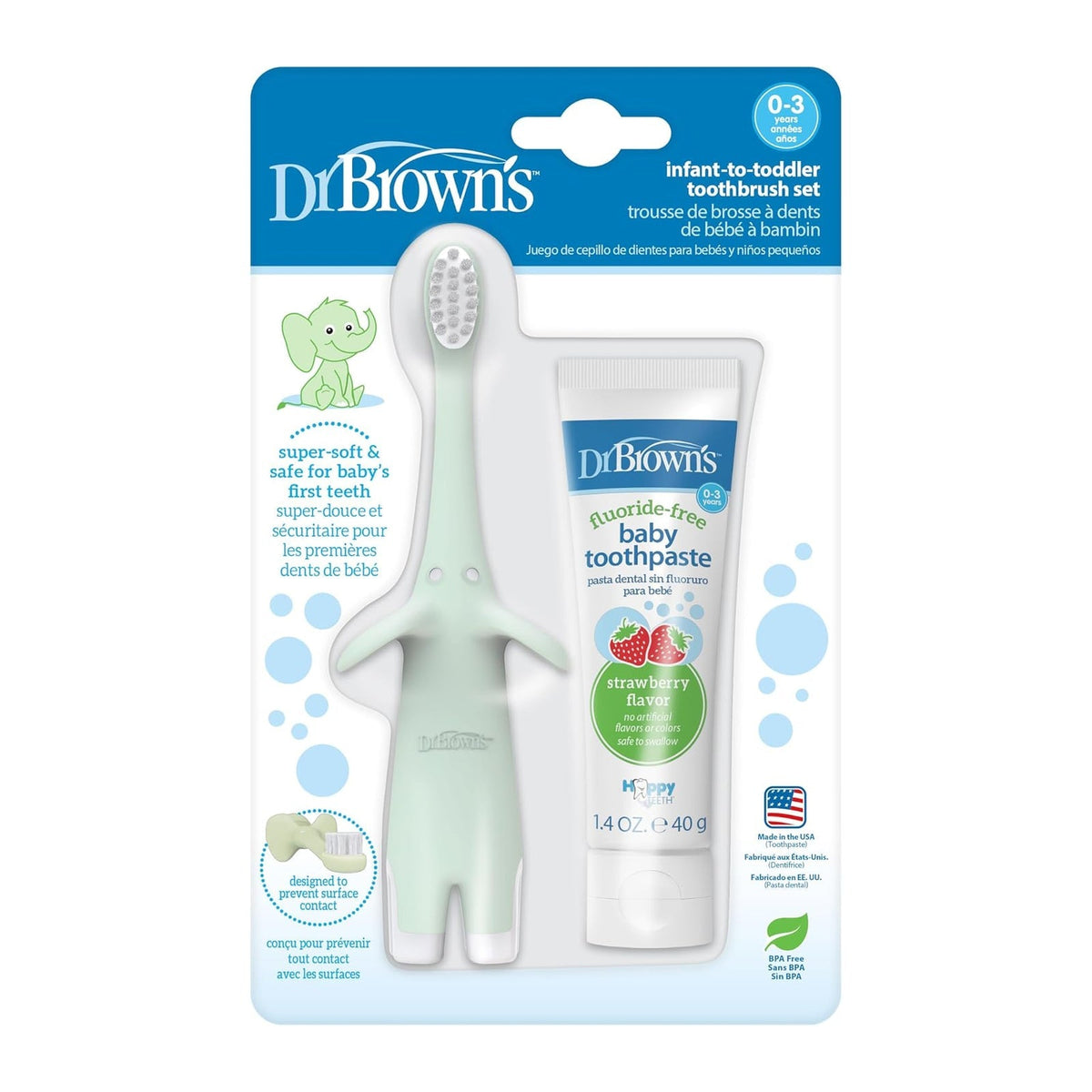 Dr. Brown's kit brosse à dents éléphant menthe et dentifrice sans fluor à la fraise