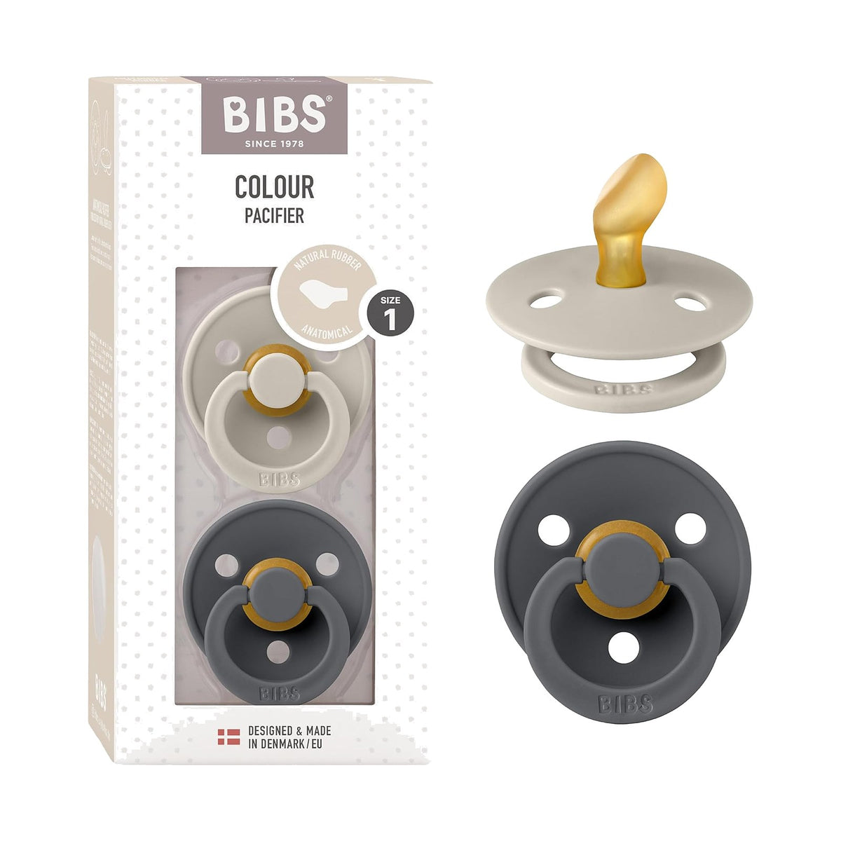 BIBS Colour tétines anatomiques, Sable / Fer, 0 à 6 mois